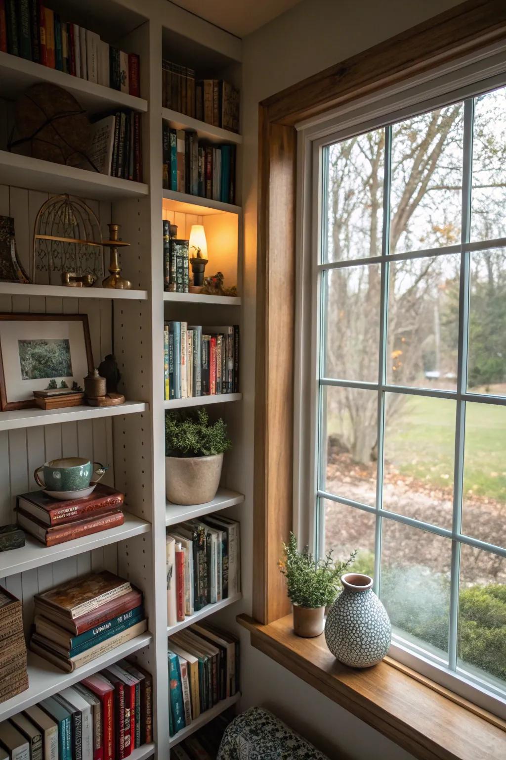 Create visual intrigue with bookshelves of different heights.