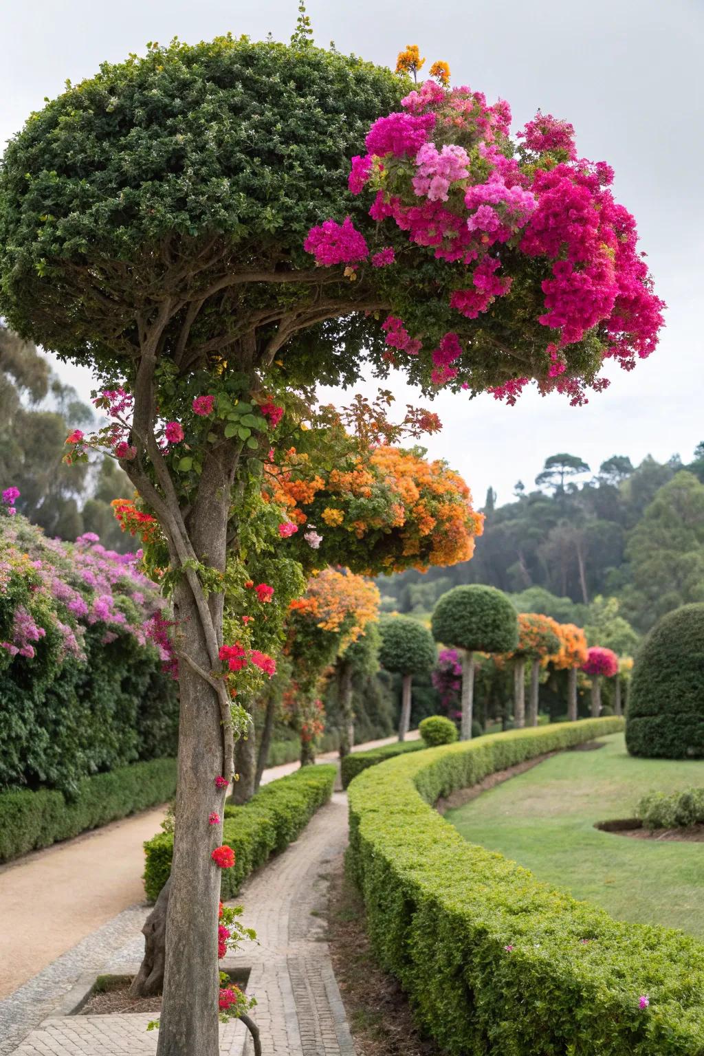 Bougainvillea adding color to topiary trees in a garden.