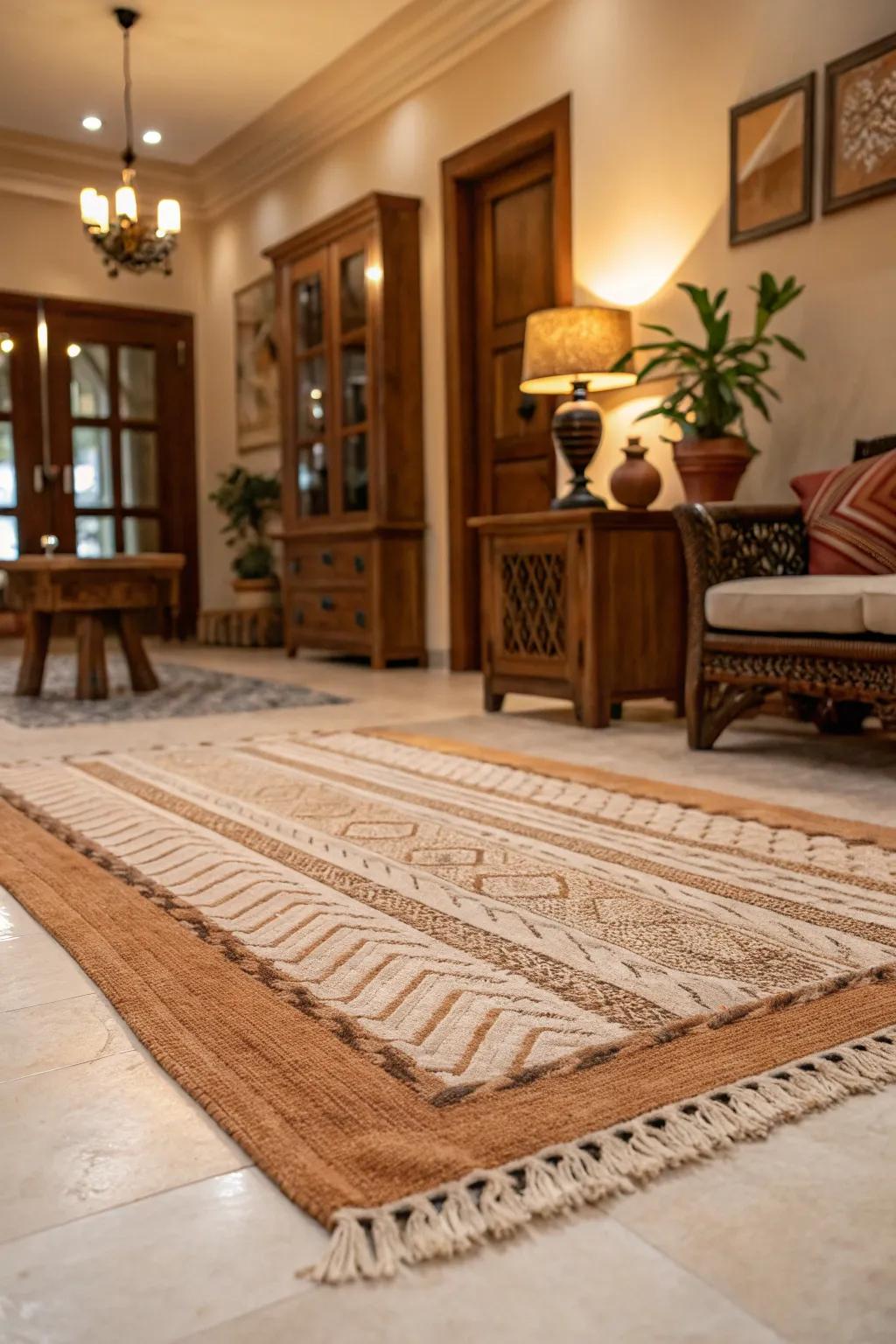 A fashionable floor covering enriches a spirit lounge with warmth and texture.
