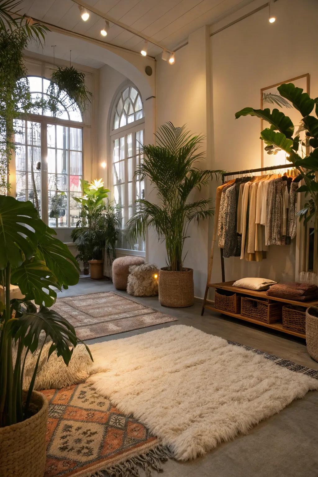 A shop interior showcasing cozy elements such as plush rugs and vibrant plants for extra warmth.