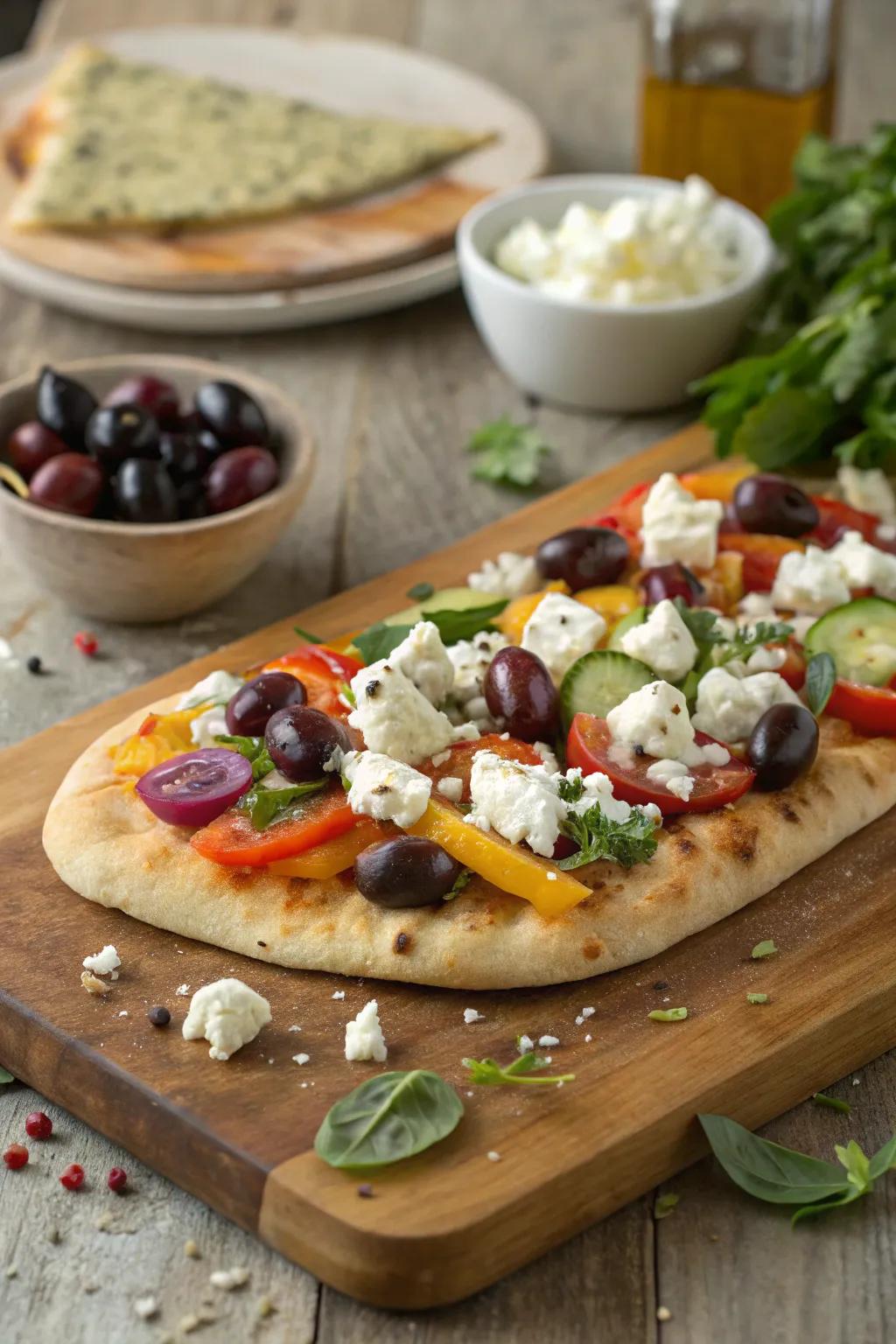 Mediterranean flatbread, a flavorful escape to the Greek Isles.