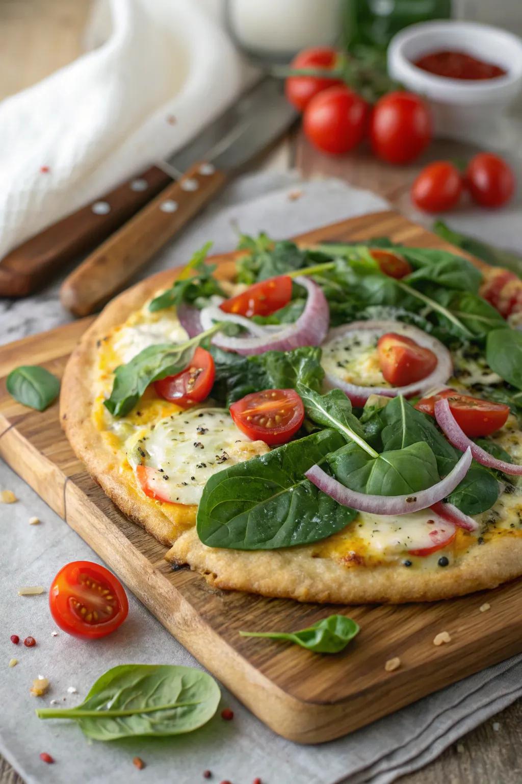A savory breakfast pizza layered with garden-fresh vegetables.