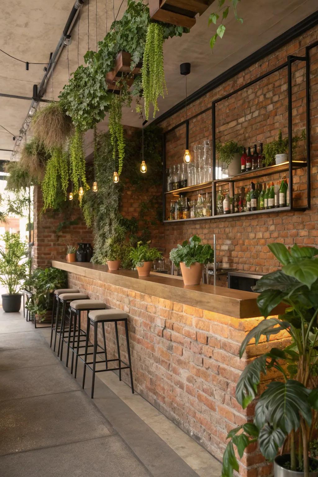 Greenery introduces freshness to a rustic brick wall bar.