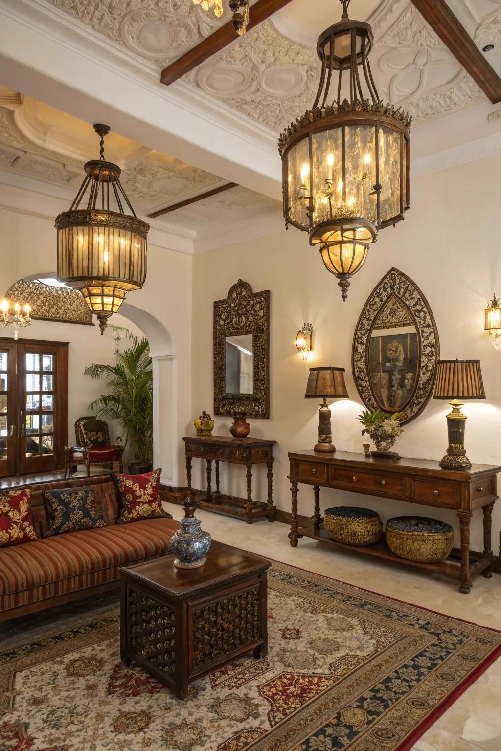 Metal and glass illumination accentuates colonial elegance.