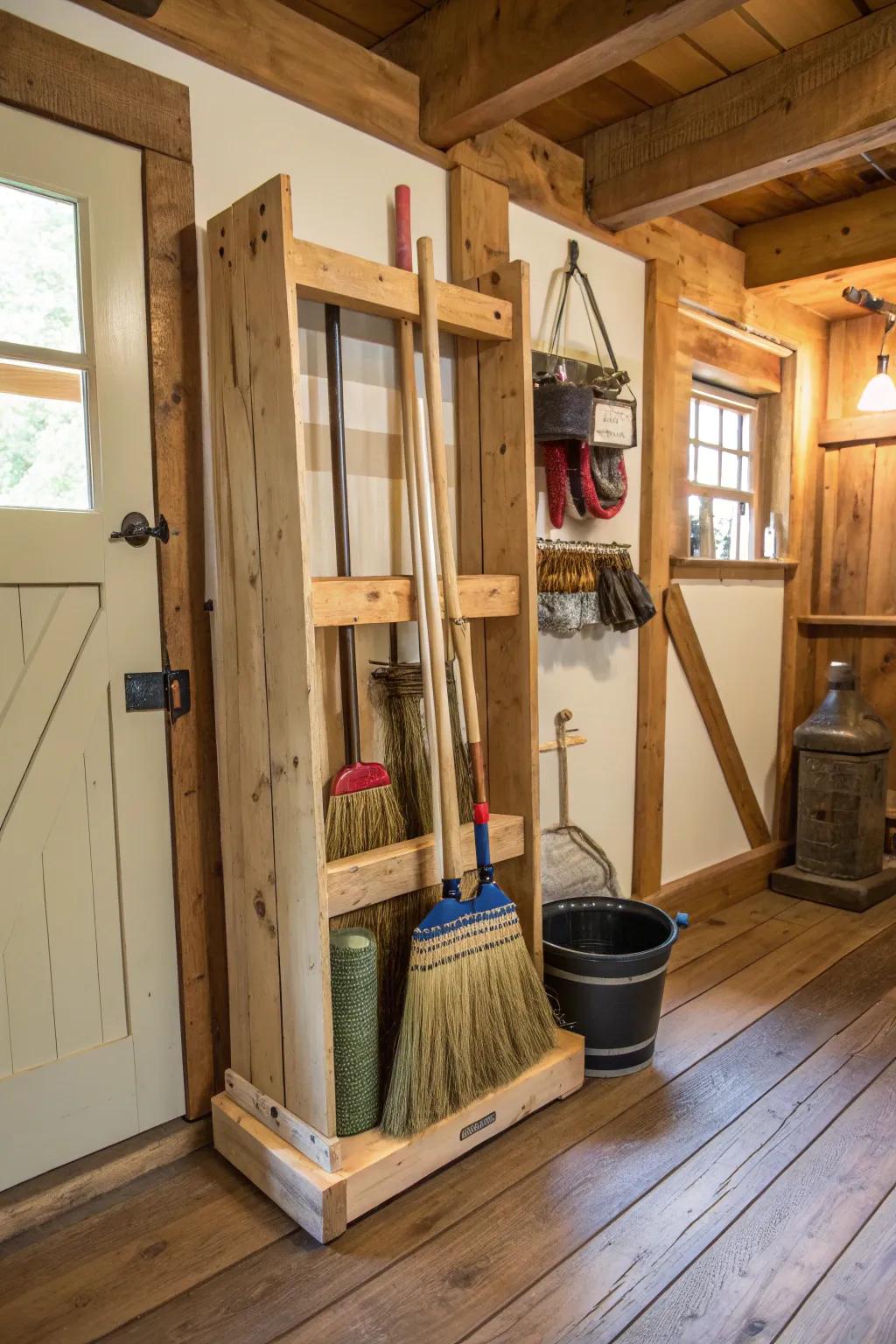 DIY wooden racks add a personal touch to arrangement.