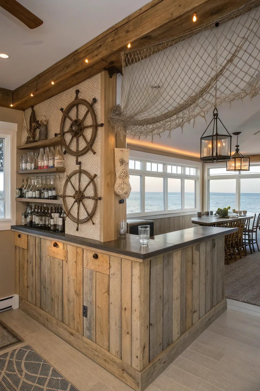 A nautically themed bar that complements the home's overall design.