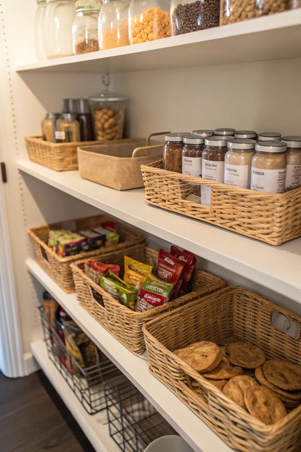 Baskets under shelves create extra storage space.