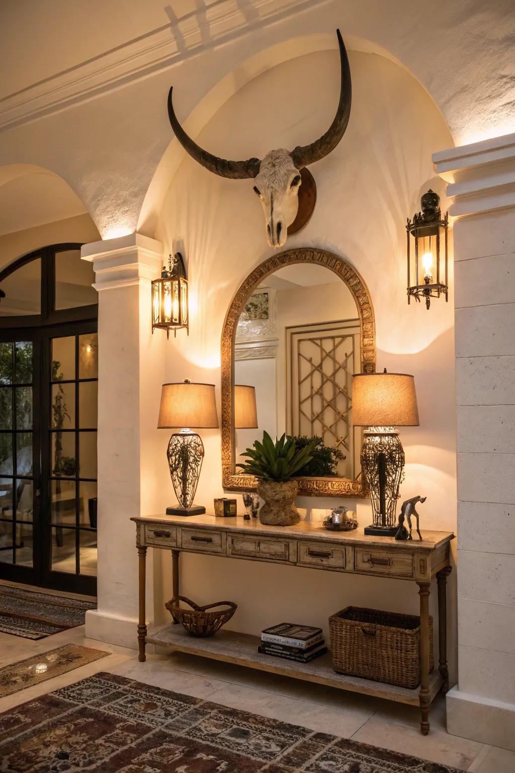 Craft a grand entrance with bovine horns.