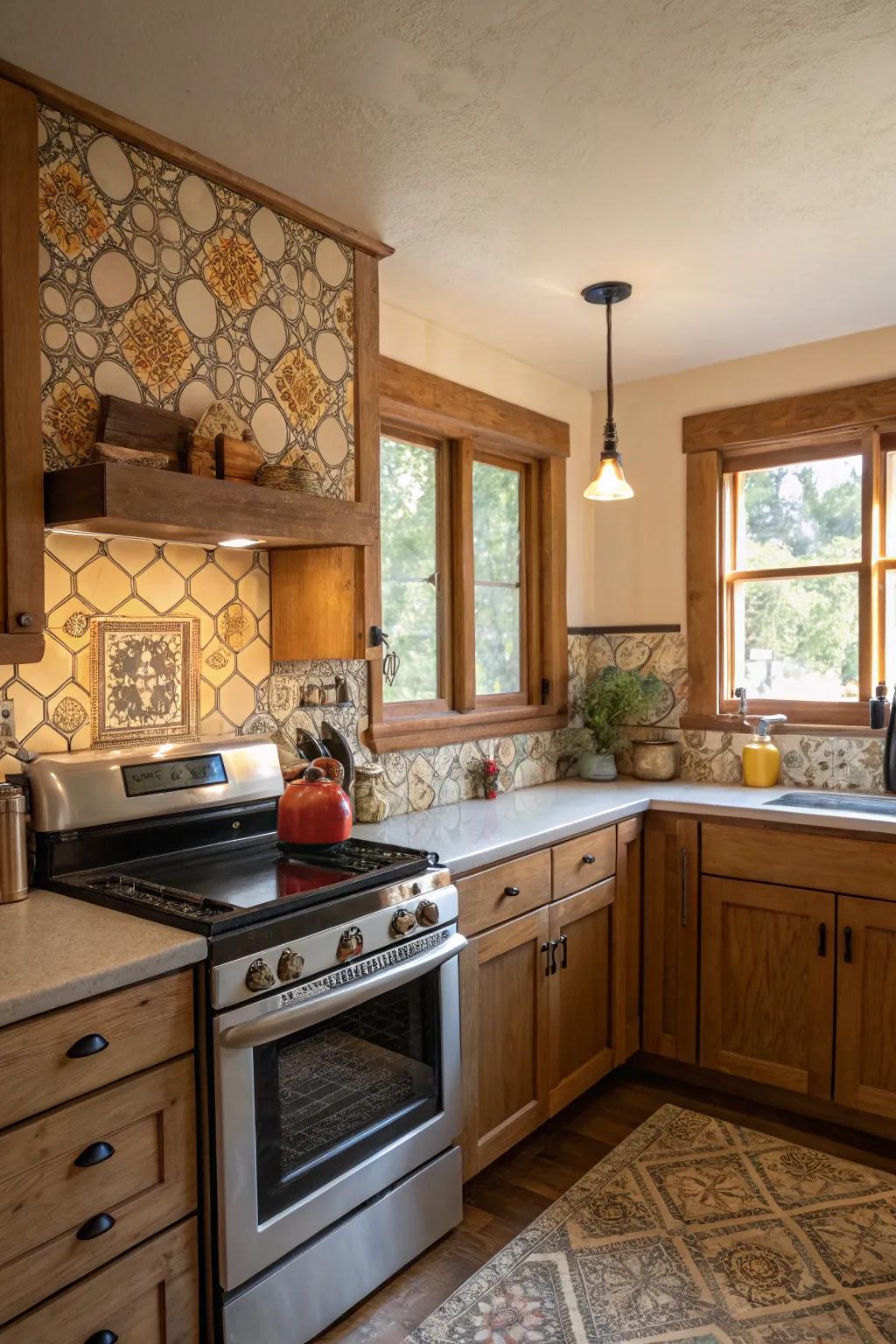 A bungalow kitchen featuring a distinctive tile backsplash that adds character.