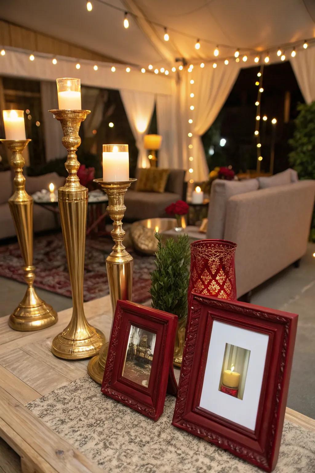 Themed props like golden candle stands add a touch of elegance to your decor.