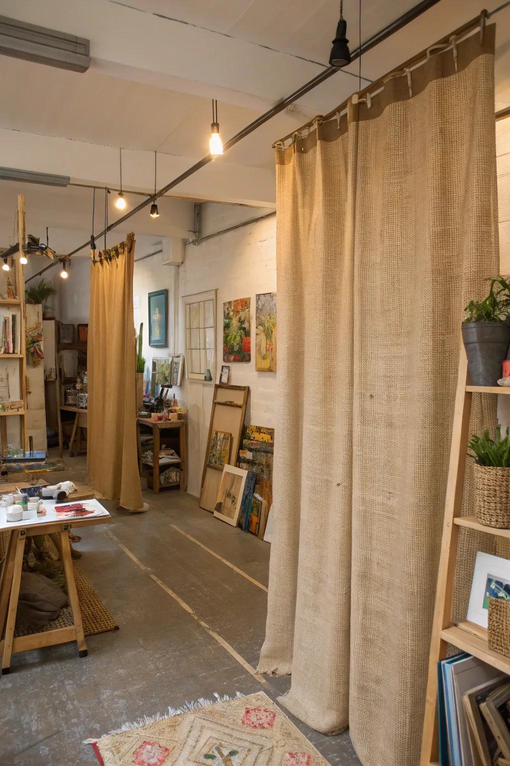 Creative division with material drape area dividers.