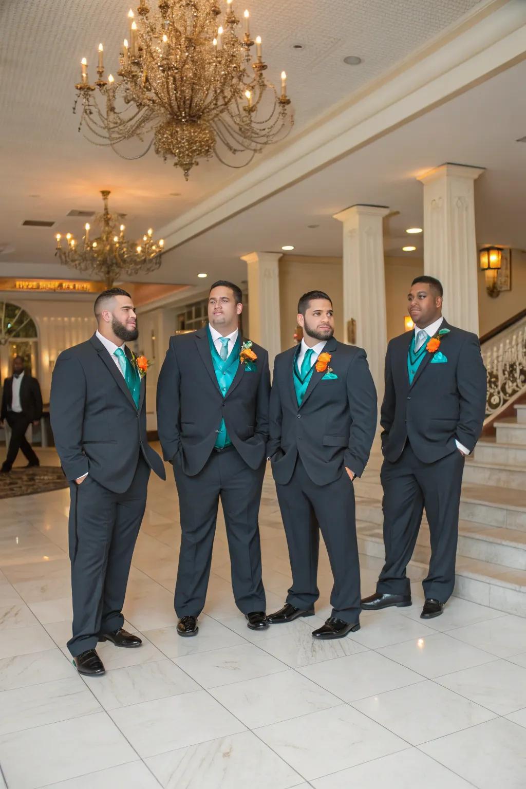Groomsmen appearing polished in aquatic blue and sunset touches.