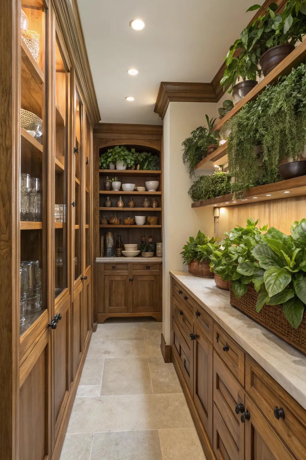 An inviting butler's pantry decorated with wooden features and vibrant greenery.