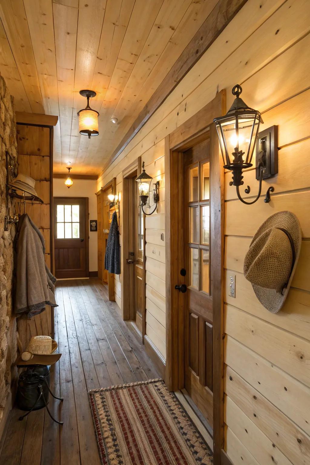 Charming wall lights delivering accent lighting in a cabin hallway.