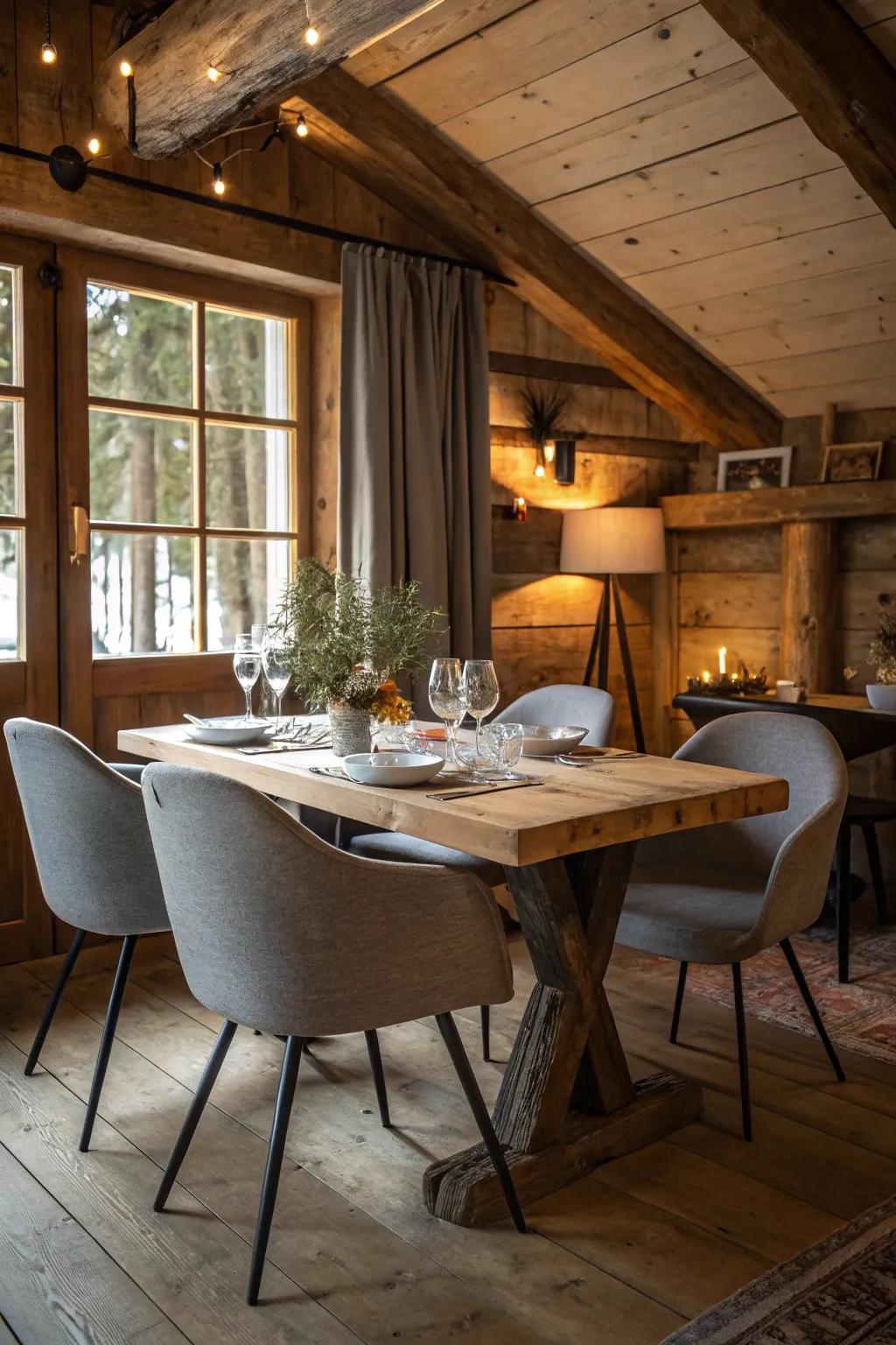 A harmonious blend of rustic and modern styles in the dining room.