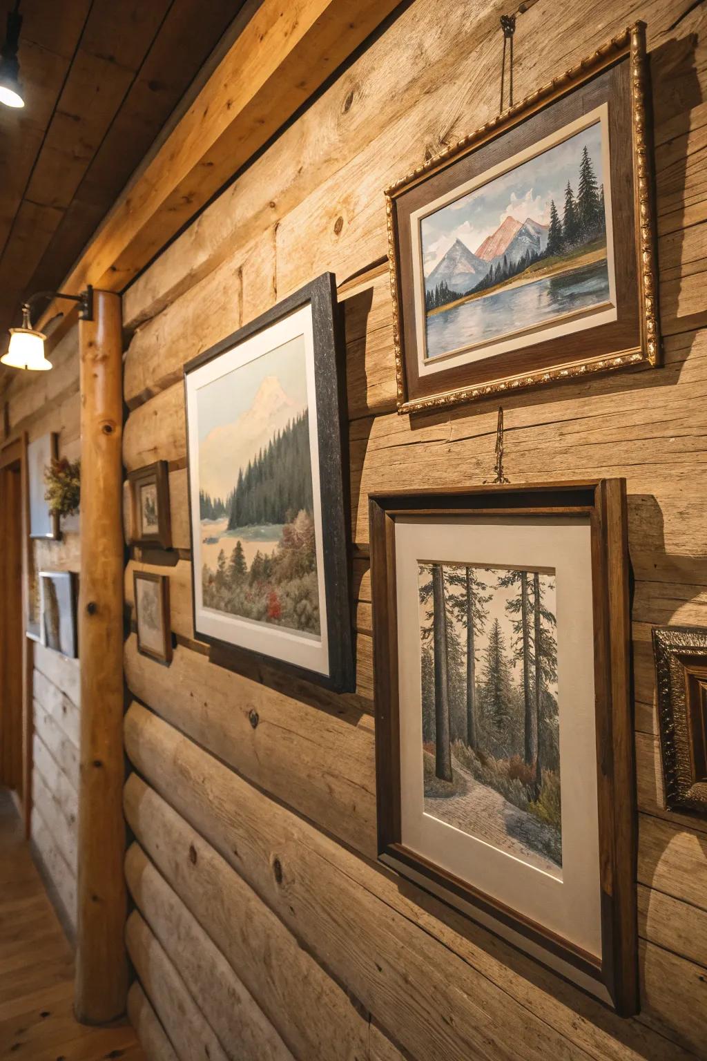 Artwork in rural frames bringing a personal element to the cabin.