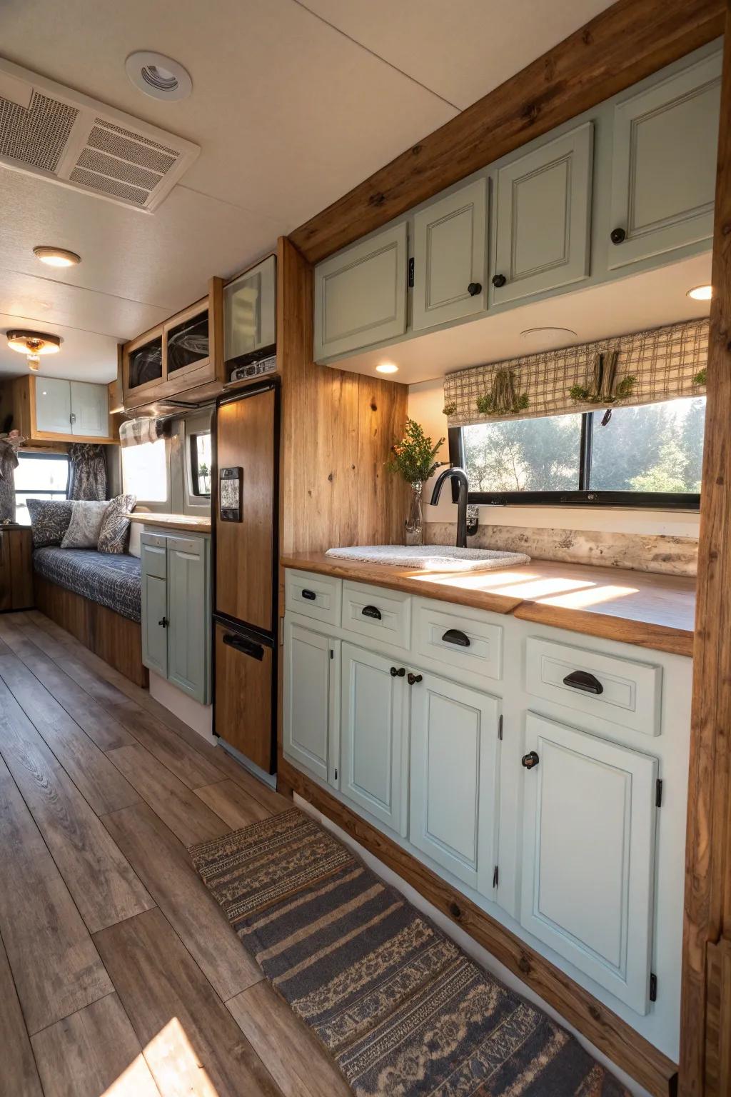 Timber elements bring warmth to painted cabinets.