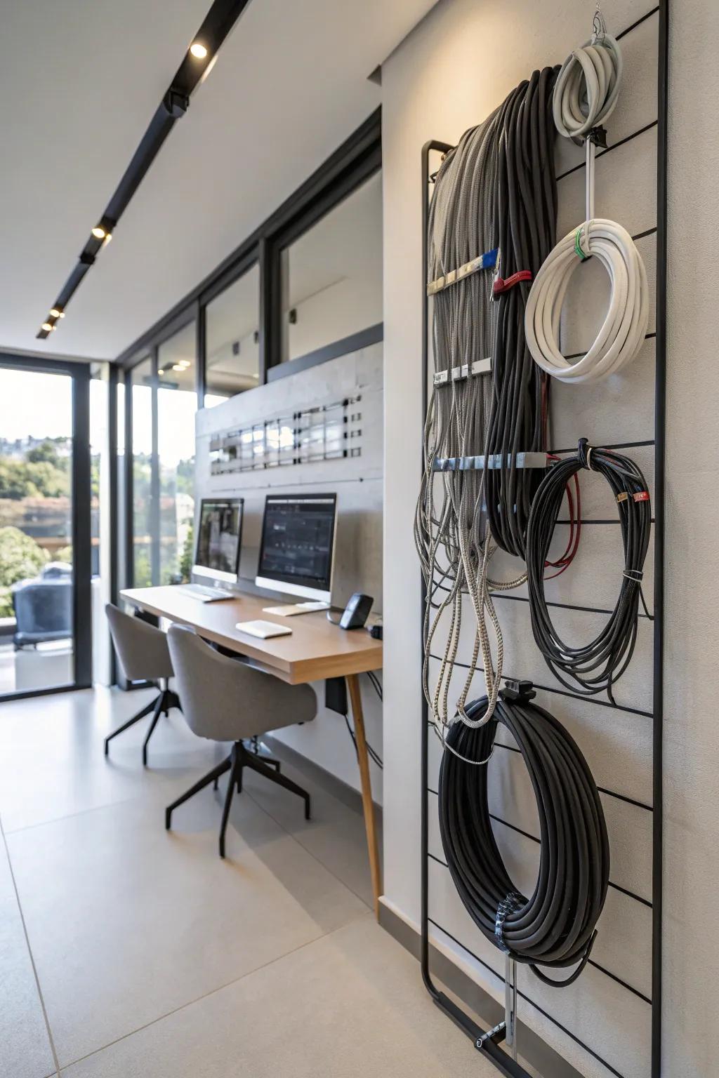Wall-affixed cable holder for tidy storage.