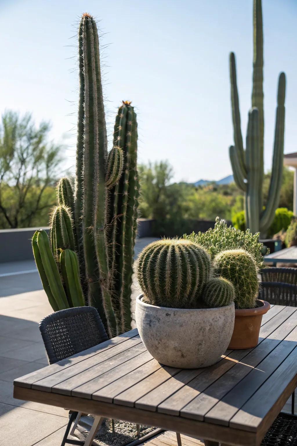 Sizable succulents on a patio table fashion a desert-themed oasis.