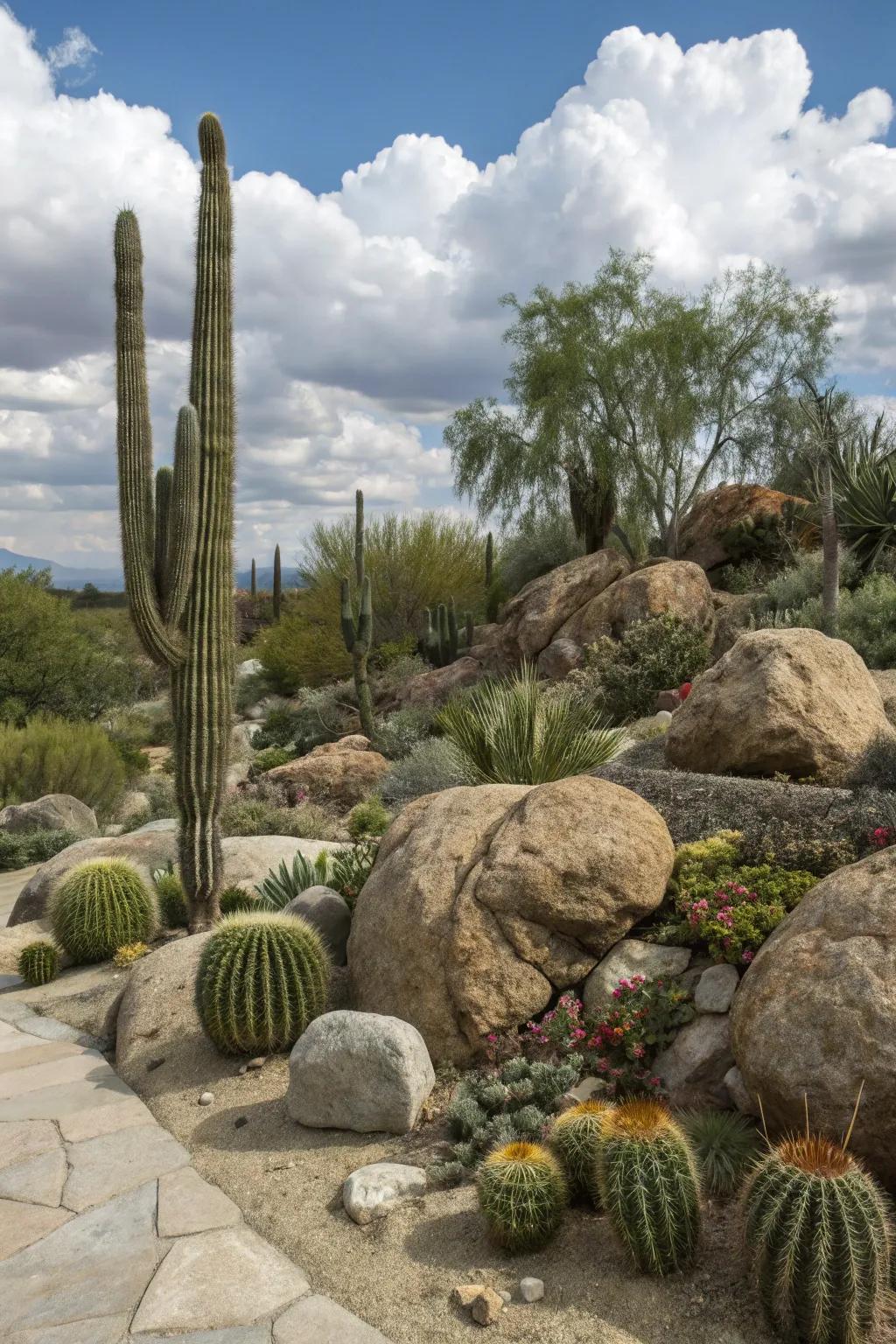 A rocky retreat with cacti nestled among stones.