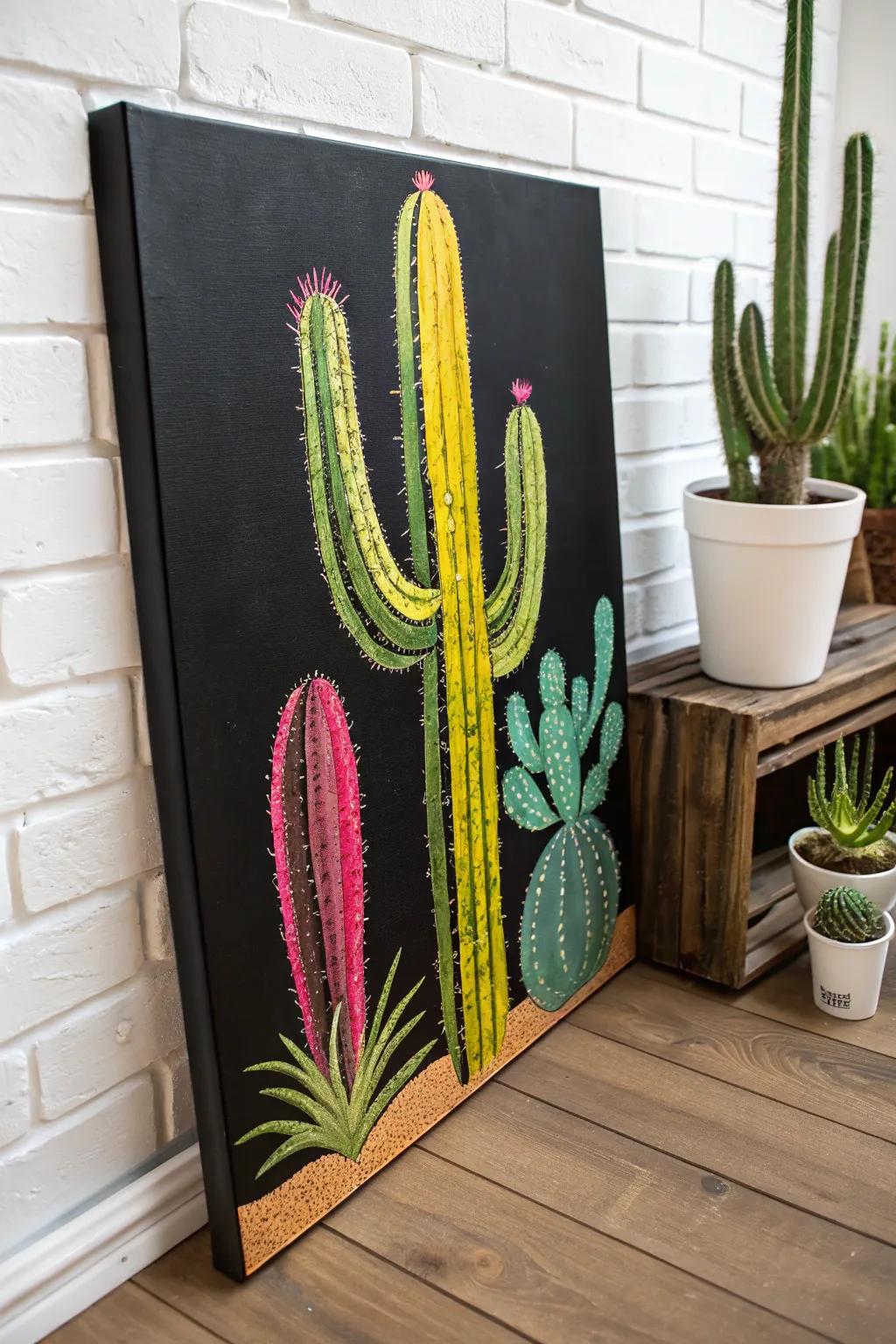 Cacti painted on a striking dark canvas.