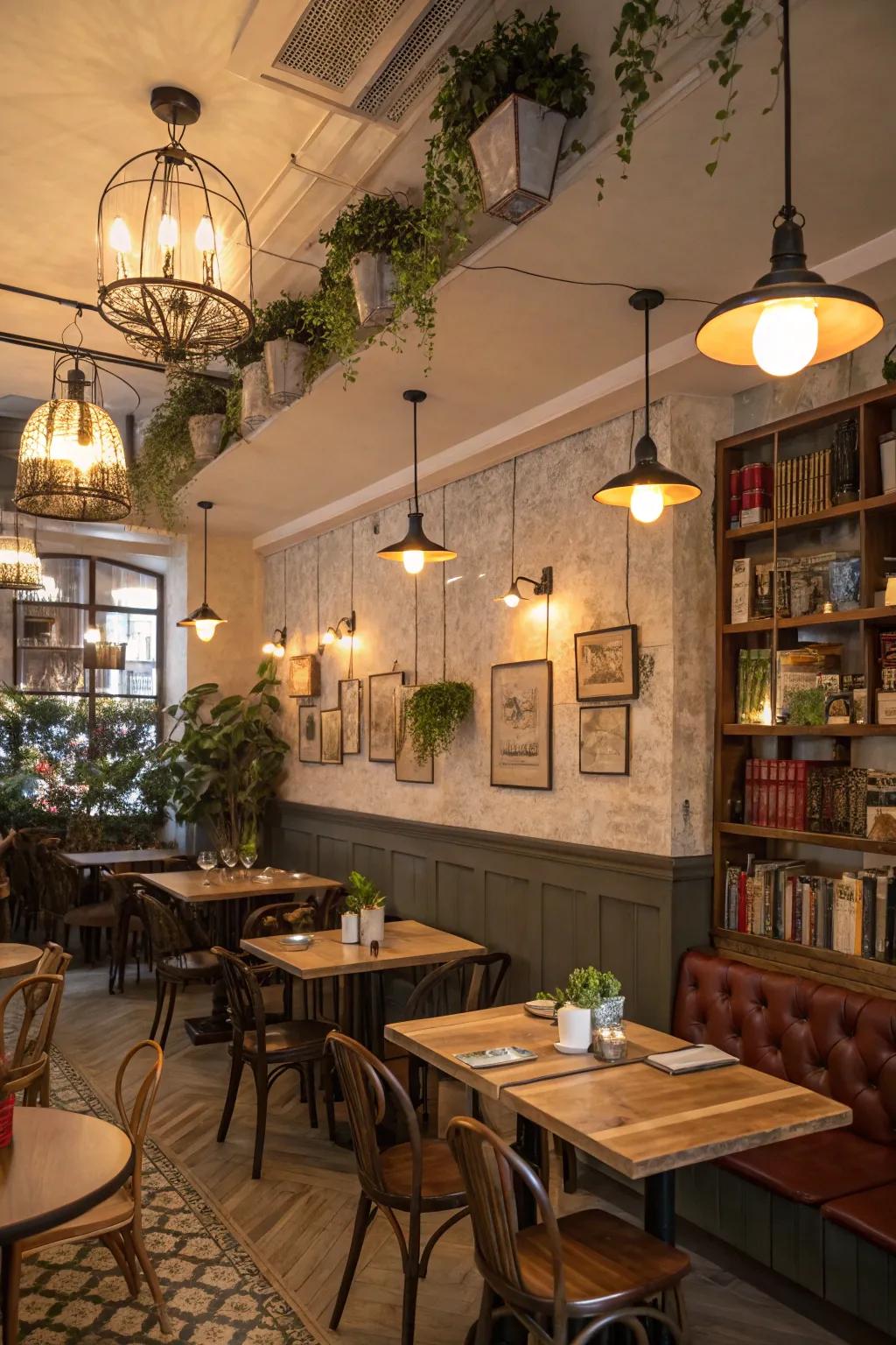 A stylish café interior showcasing an array of light designs for a layered visual.