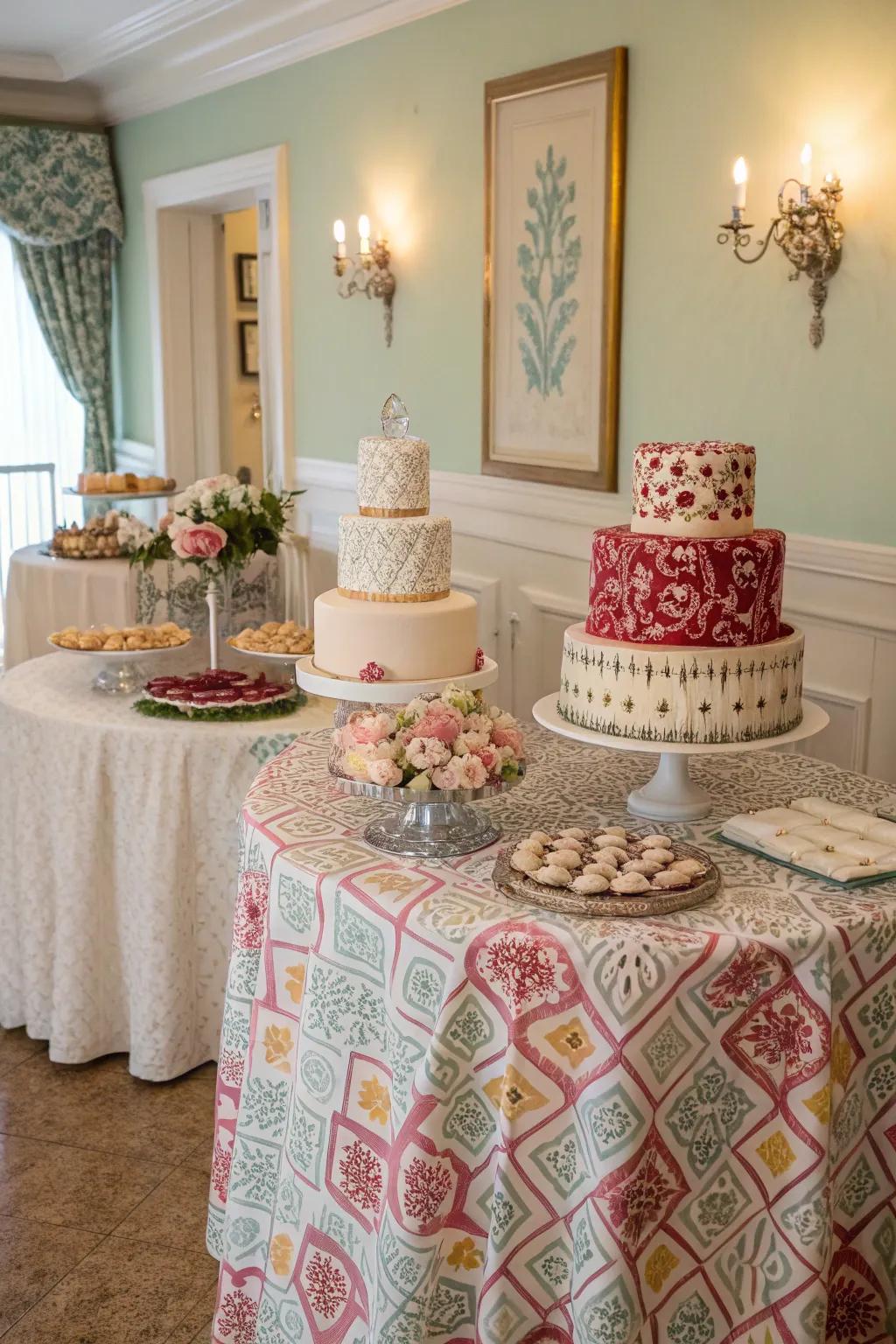 A cake table with matching linens, enhancing the overall aesthetic with coordinated colors.
