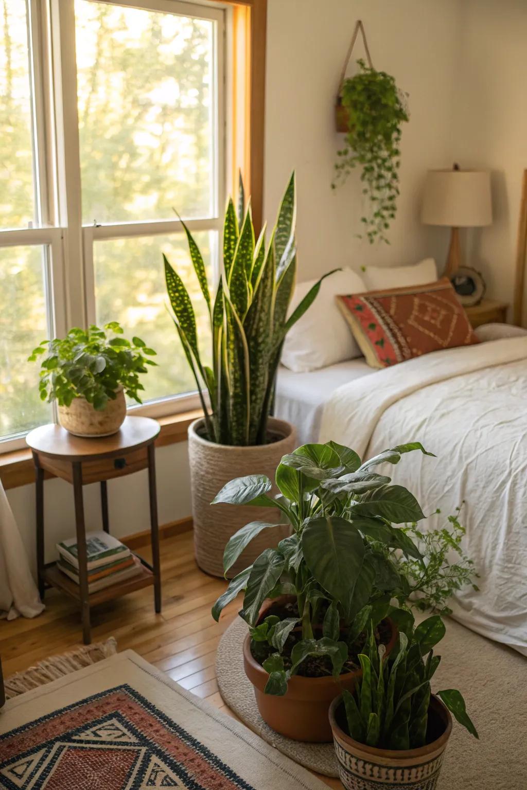 Bedroom featuring indoor plants like snake plants and potted greenery for a natural touch.