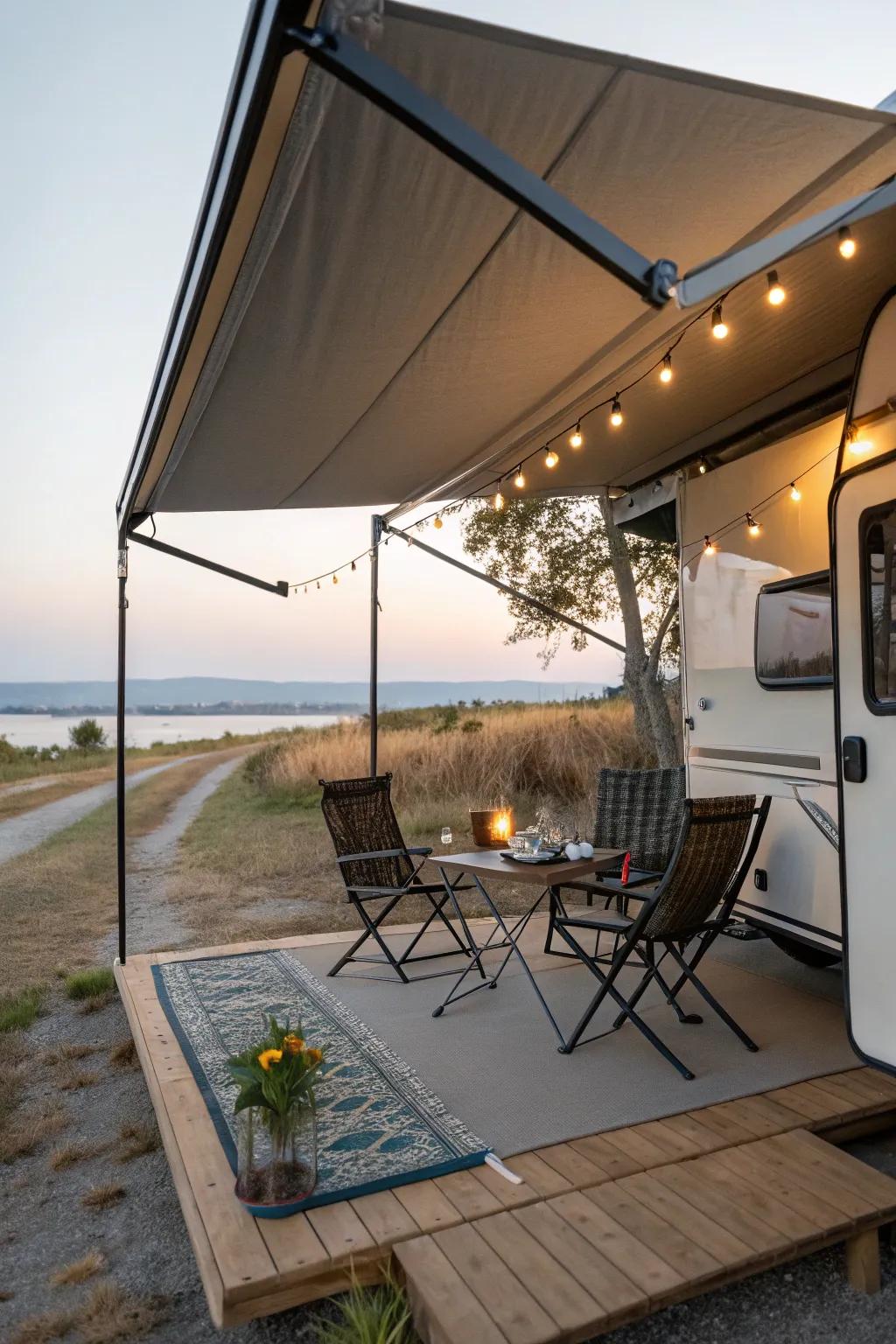 A sunshade offers shelter and shade on a camper porch.