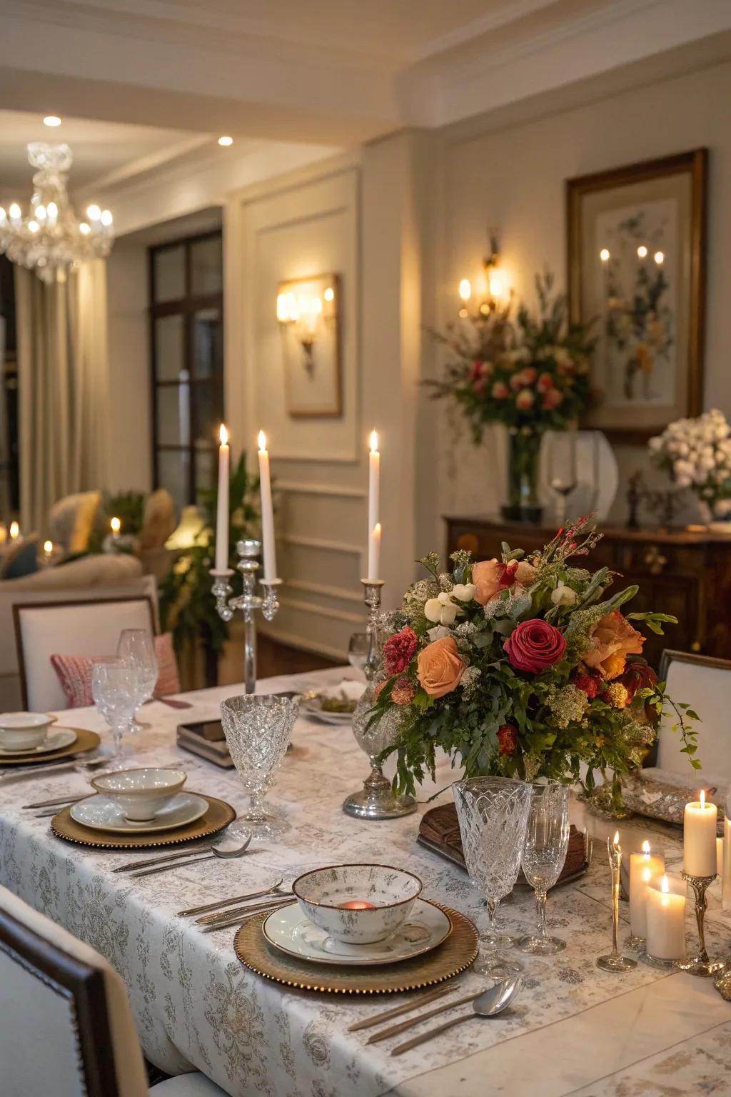 Elegant table arrangements are enhanced by the radiance of lights.