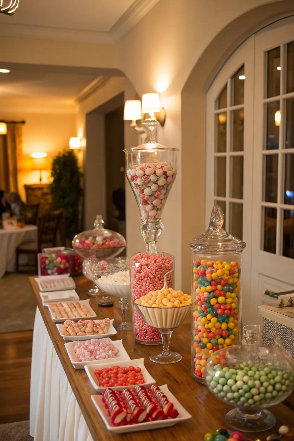 A symmetrically arranged sweet table with balanced displays