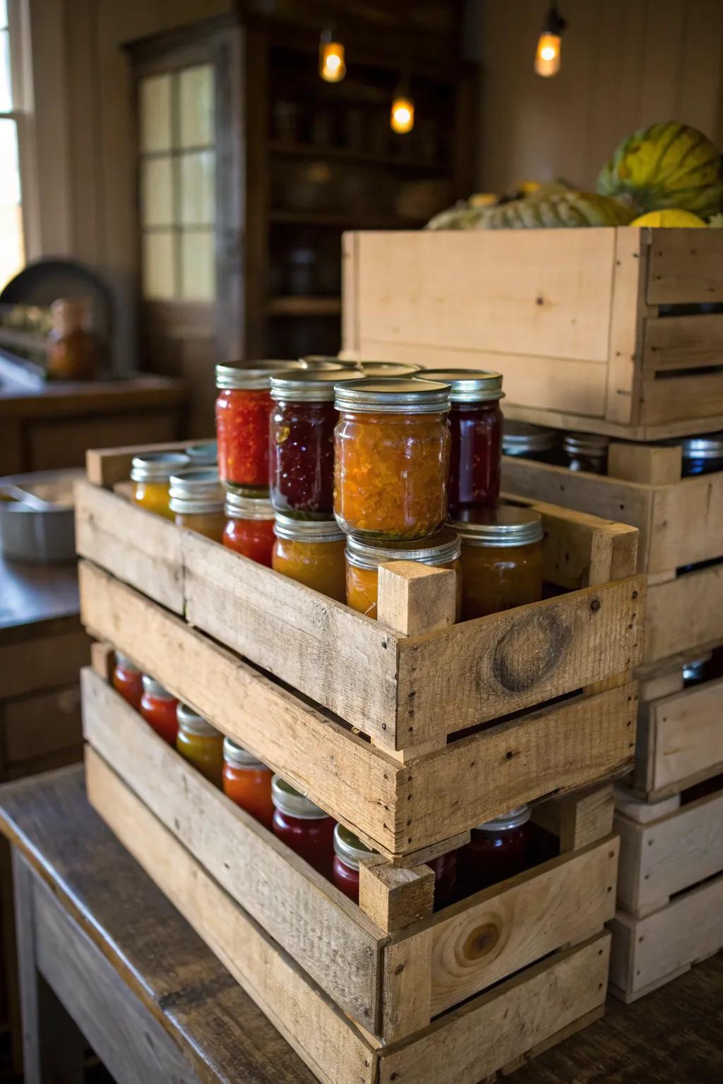 Introduce a countryside feel to your home utilizing rustic wood crates.
