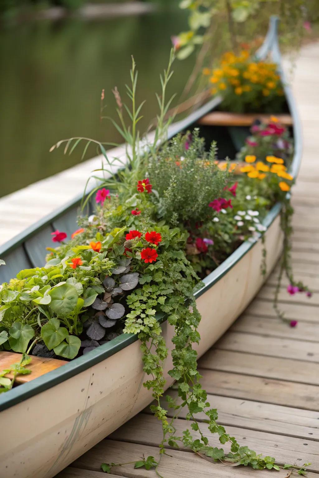 An angled canoe planter creates eye-catching visual interest in a garden.
