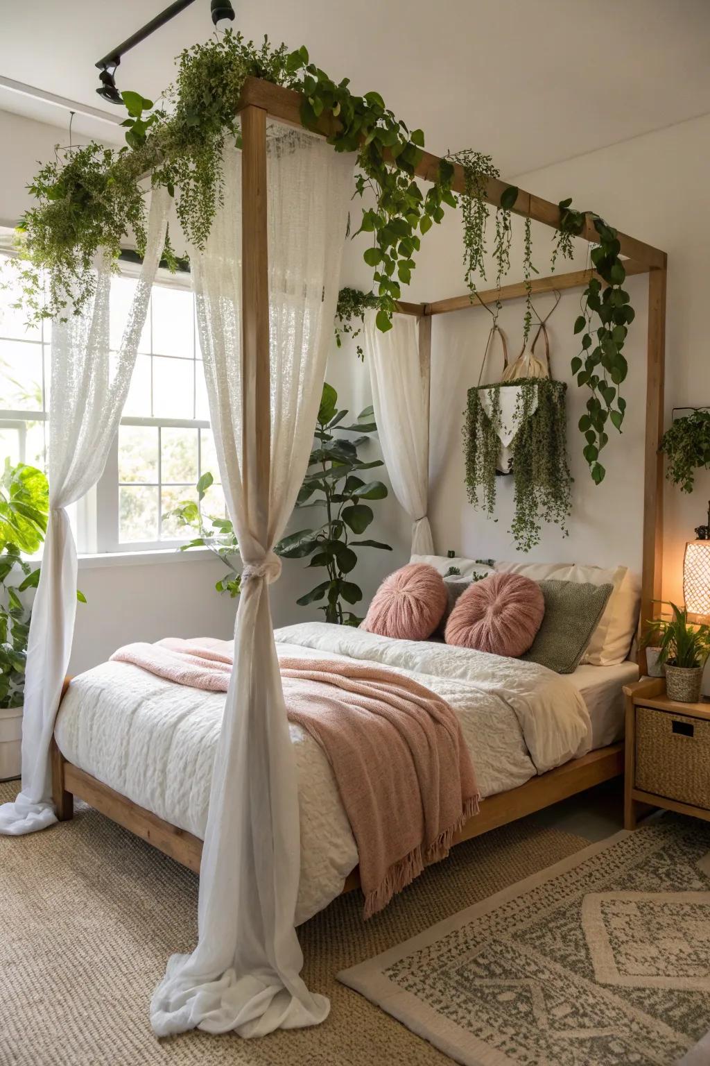 Suspended vegetation introduces a natural element to a canopy bed.