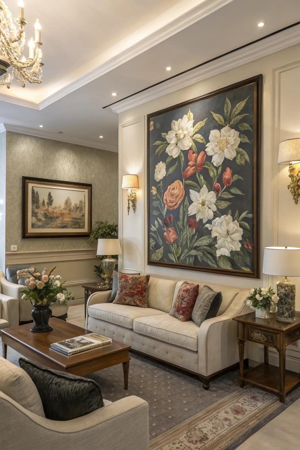 Floral artwork introduces elegance and charm.