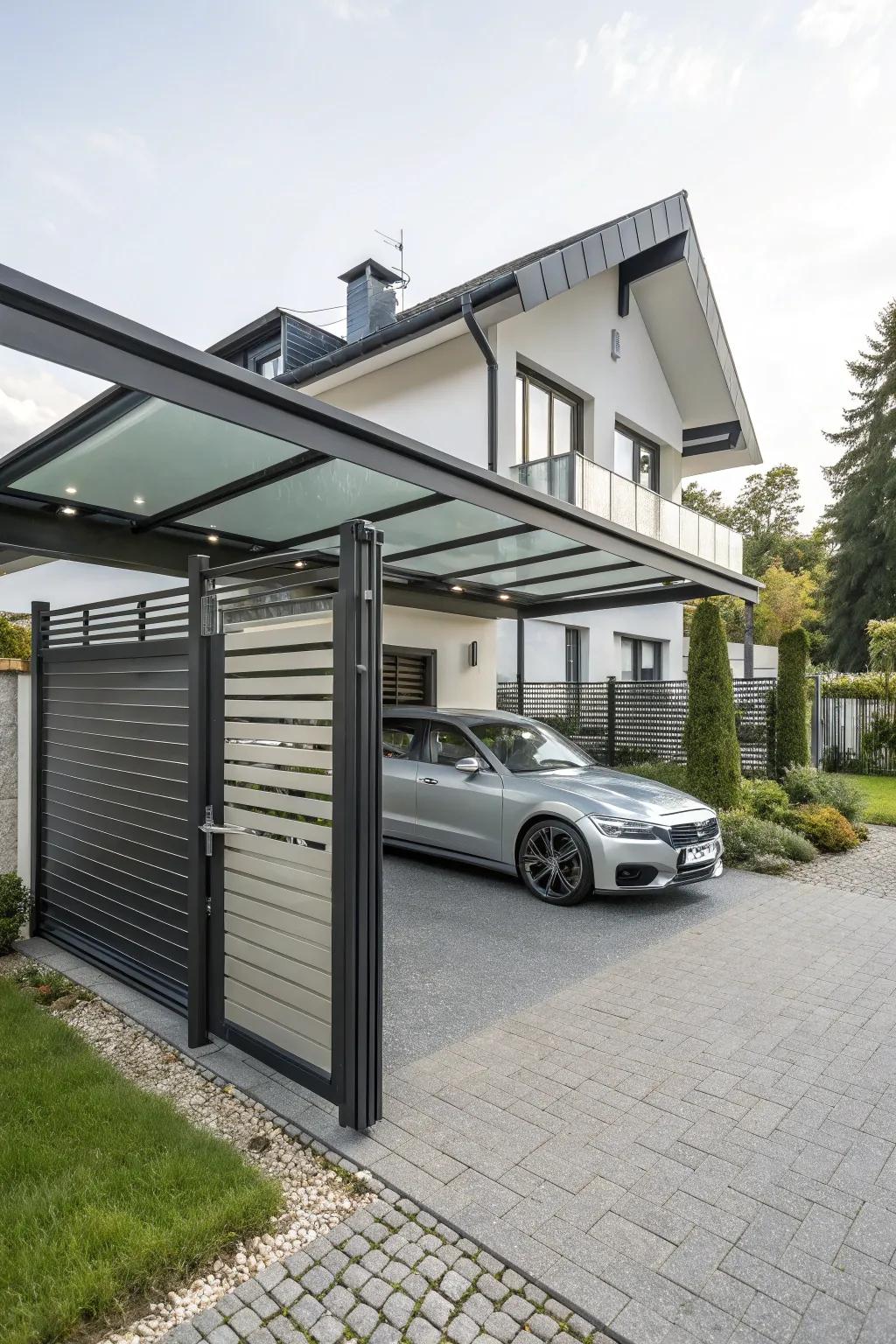 A contemporary carport fitted with automatic barriers for utmost convenience and safeguard.