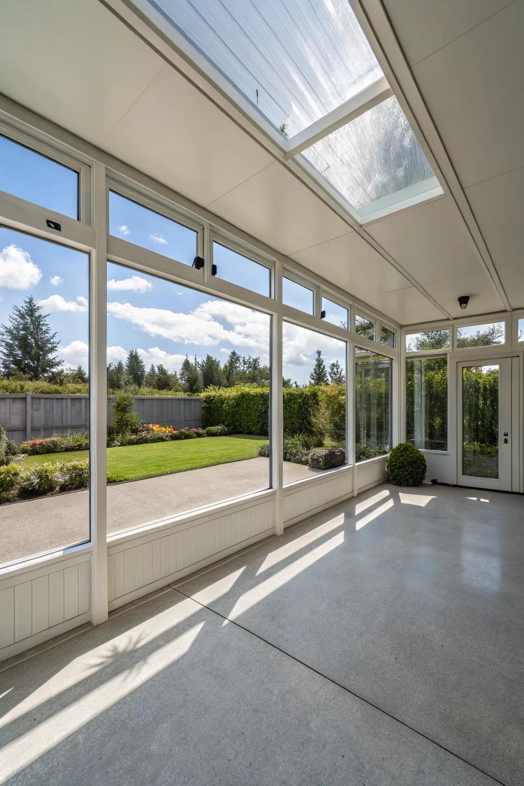 An enclosed carport providing comprehensive protection and plenty of natural light.