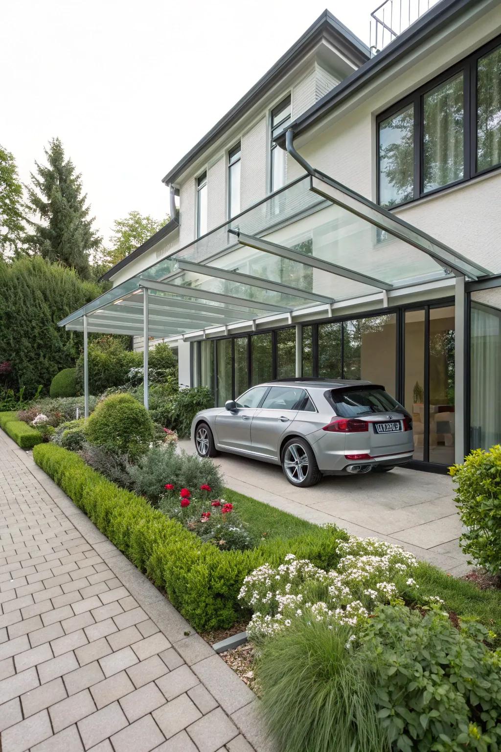 A glass-covered carport with a modern aesthetic.