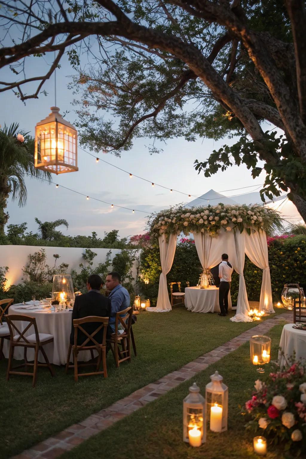 Candles and lanterns emit a warm, intimate glow at the wedding.