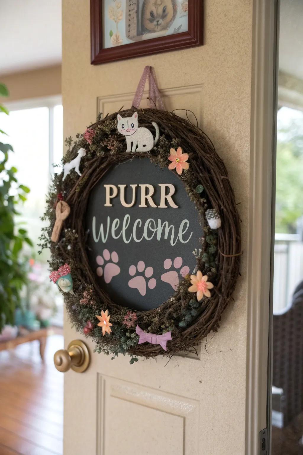 A personalized artistic word cat wreath for warm greetings.