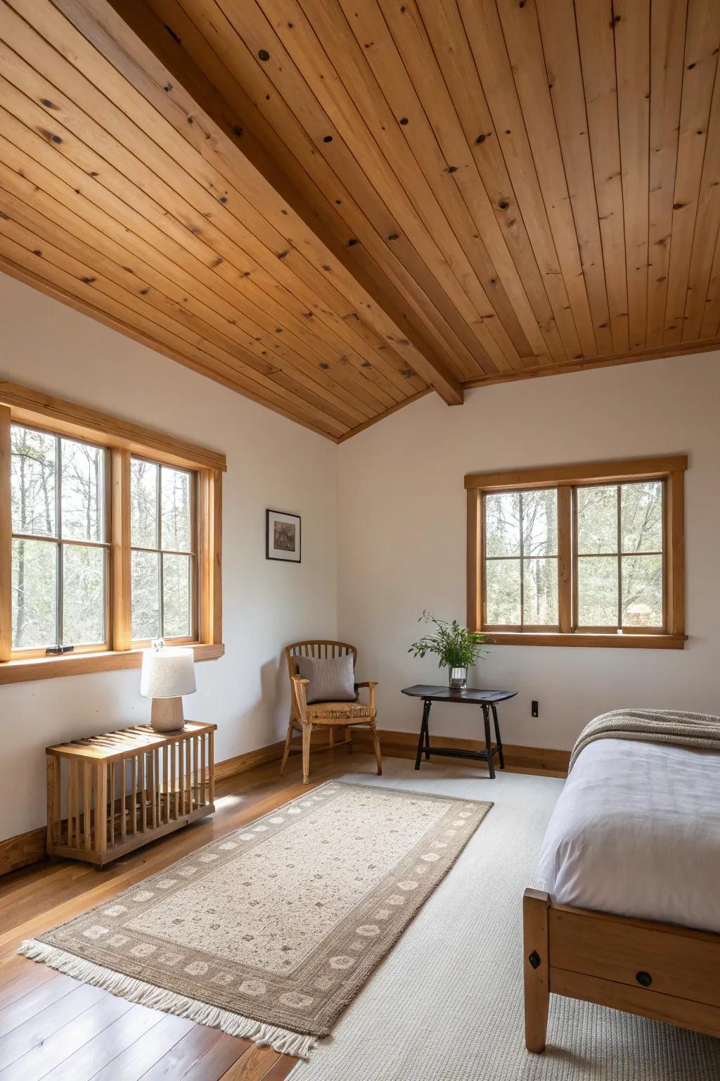 A minimalist room with a wooden plank ceiling, emphasizing simplicity and warmth.
