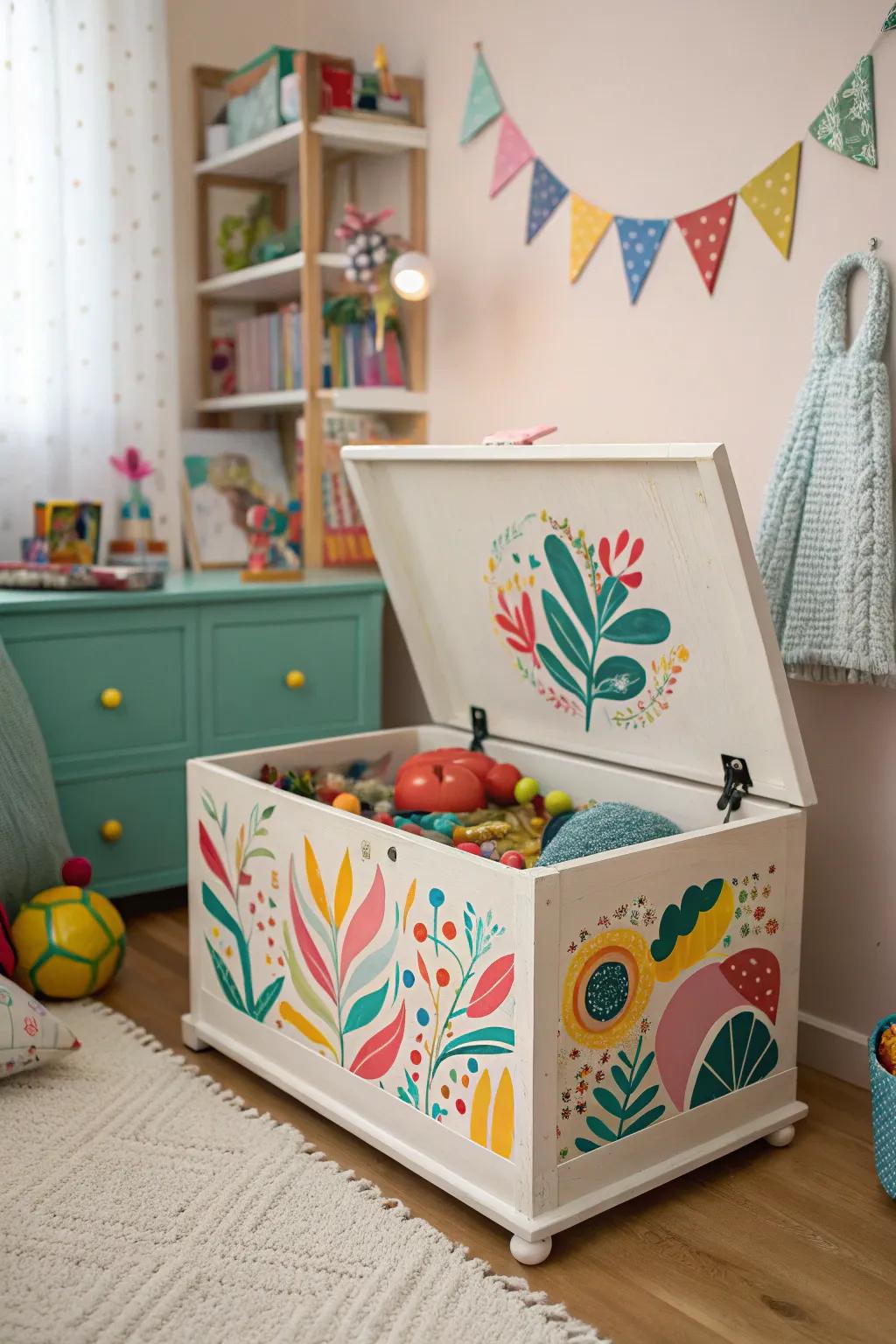 A storage trunk transformed into a vibrant toy box for kids.