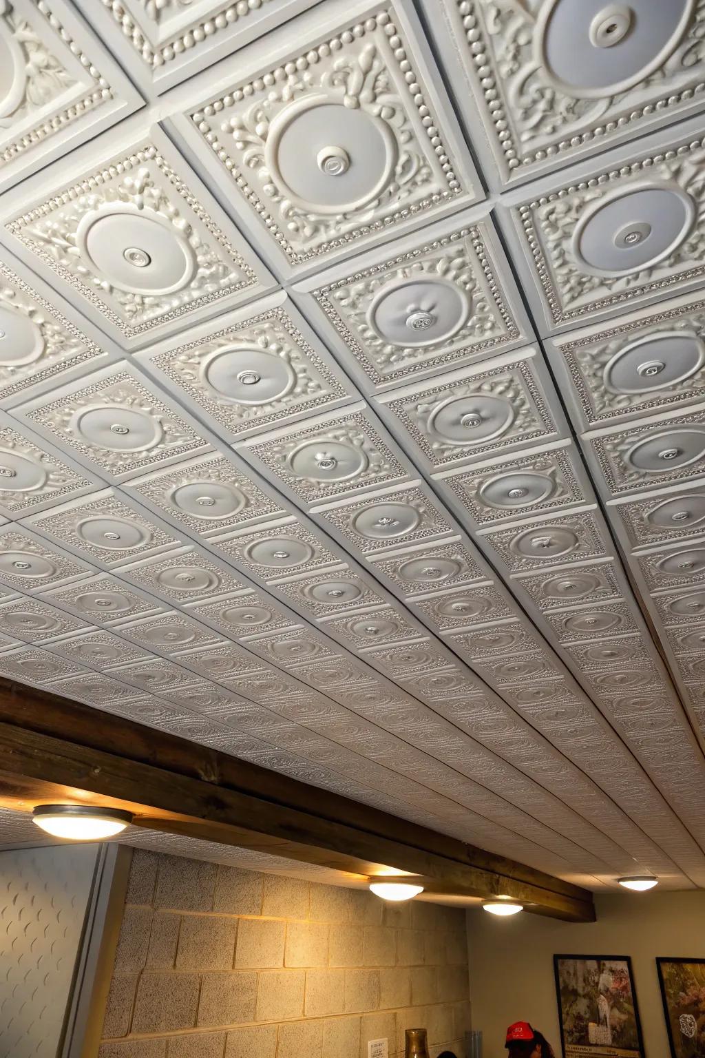 Foam squares provide a simple and budget-friendly ceiling makeover.