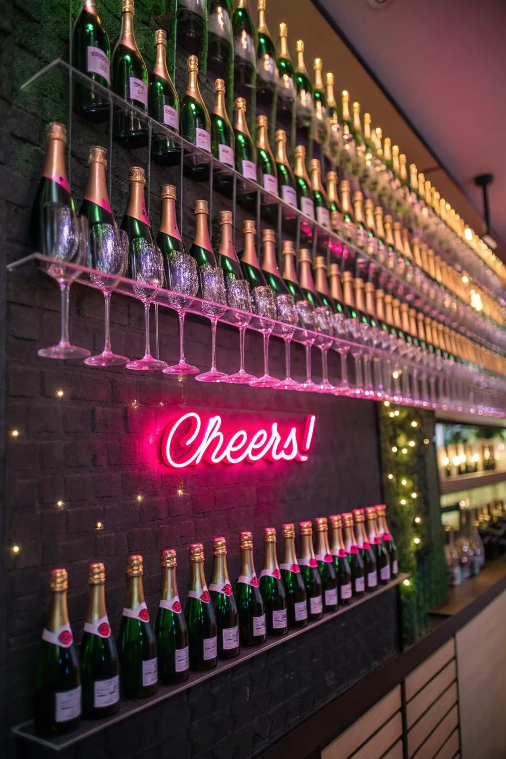 Neon lights add a modern twist to this sparkling wine showcase.