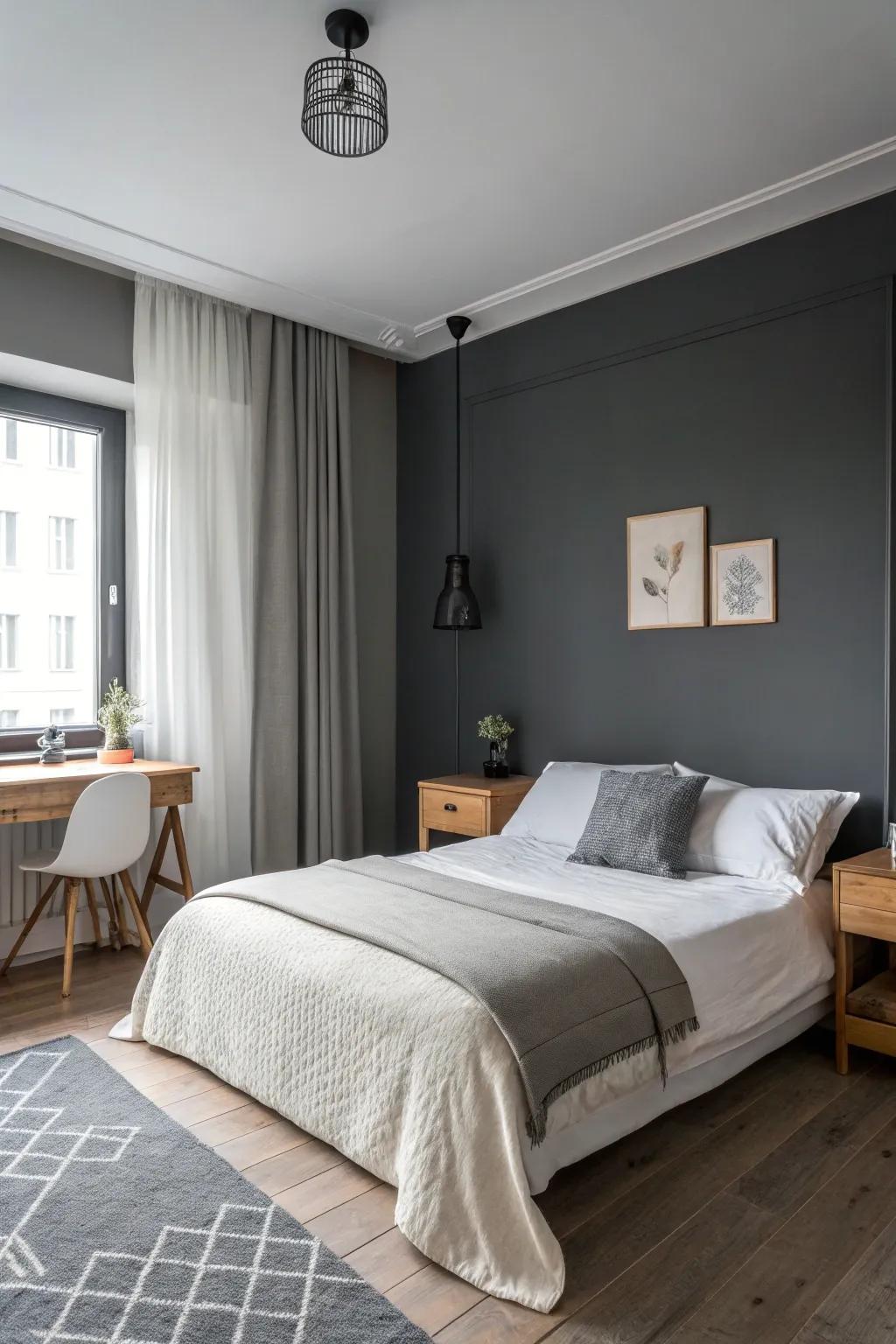 Simplicity at its finest in a deep gray-themed bedroom.