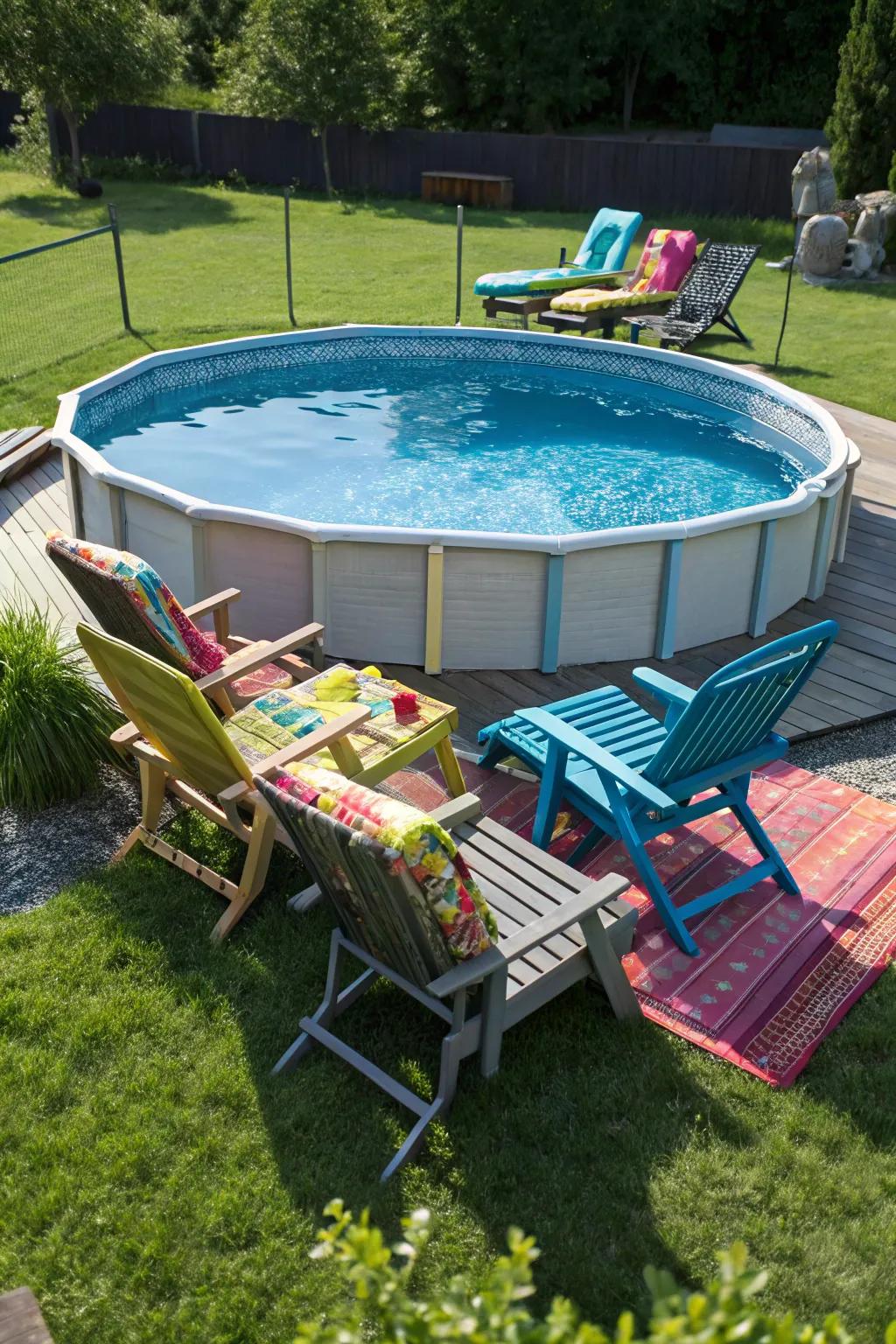 Cozy seating encourages relaxation beside the pool.