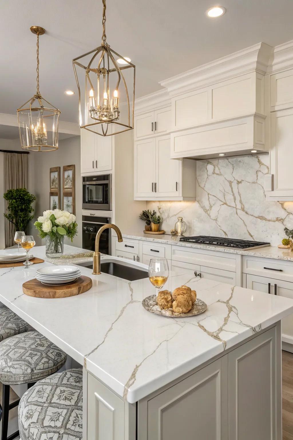 A sophisticated kitchen features quartz countertops that replicate natural stone.