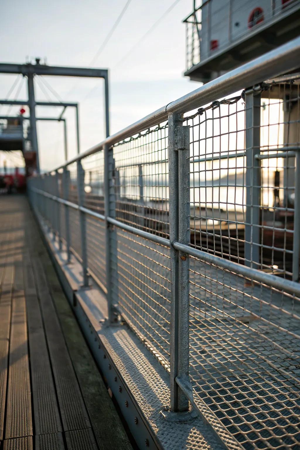 Wire mesh railings provide a durable and modern urban style.