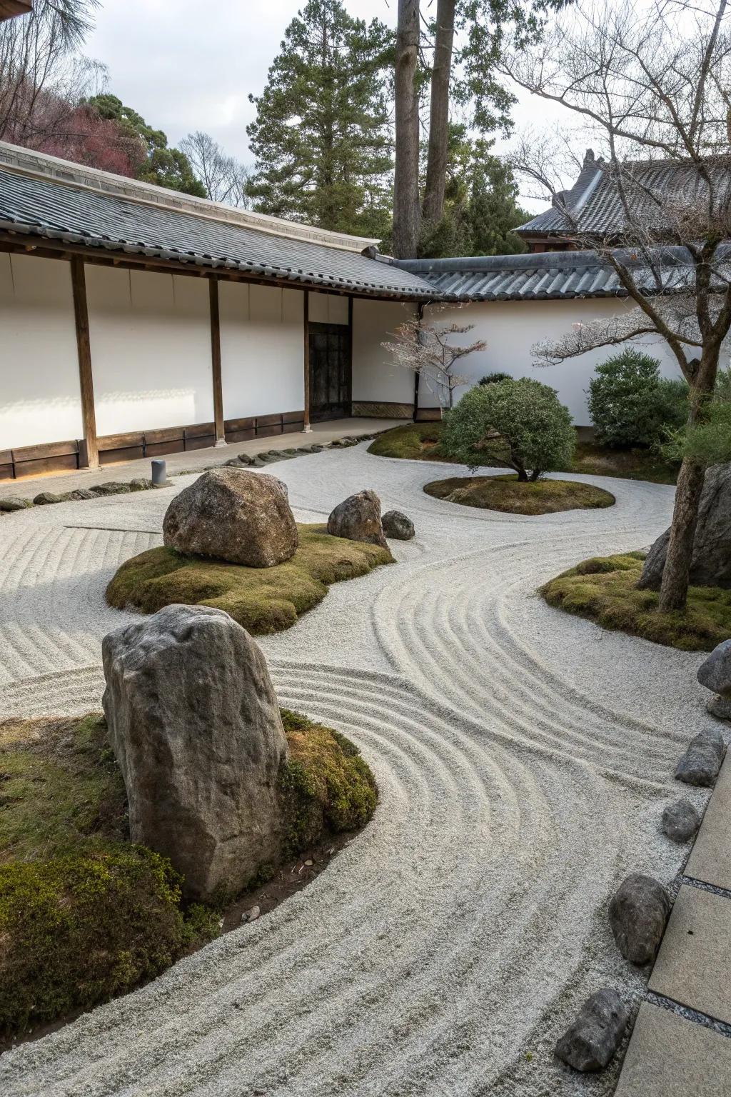 Zen gardens offer a serene and low-maintenance landscape option.
