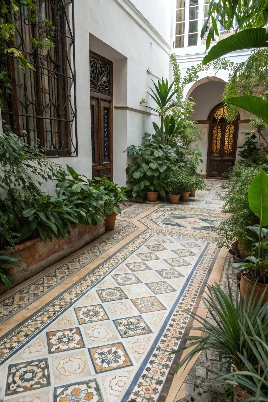 Artistic flair added to the patio with decorative tiles.
